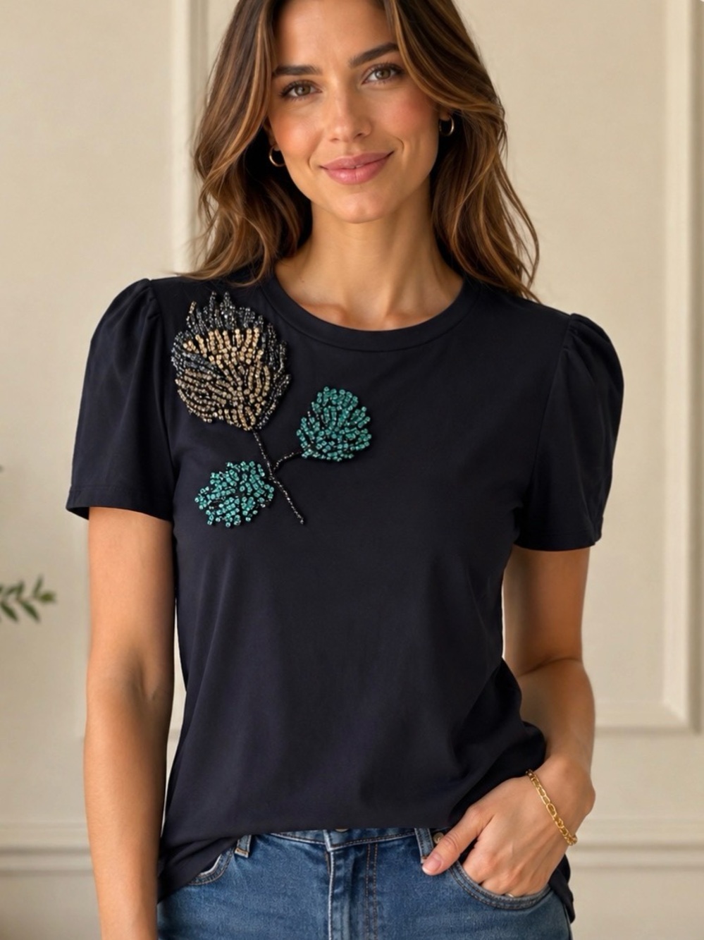 NWT Emily Shalant Embellished Floral Top – navy – Size XS